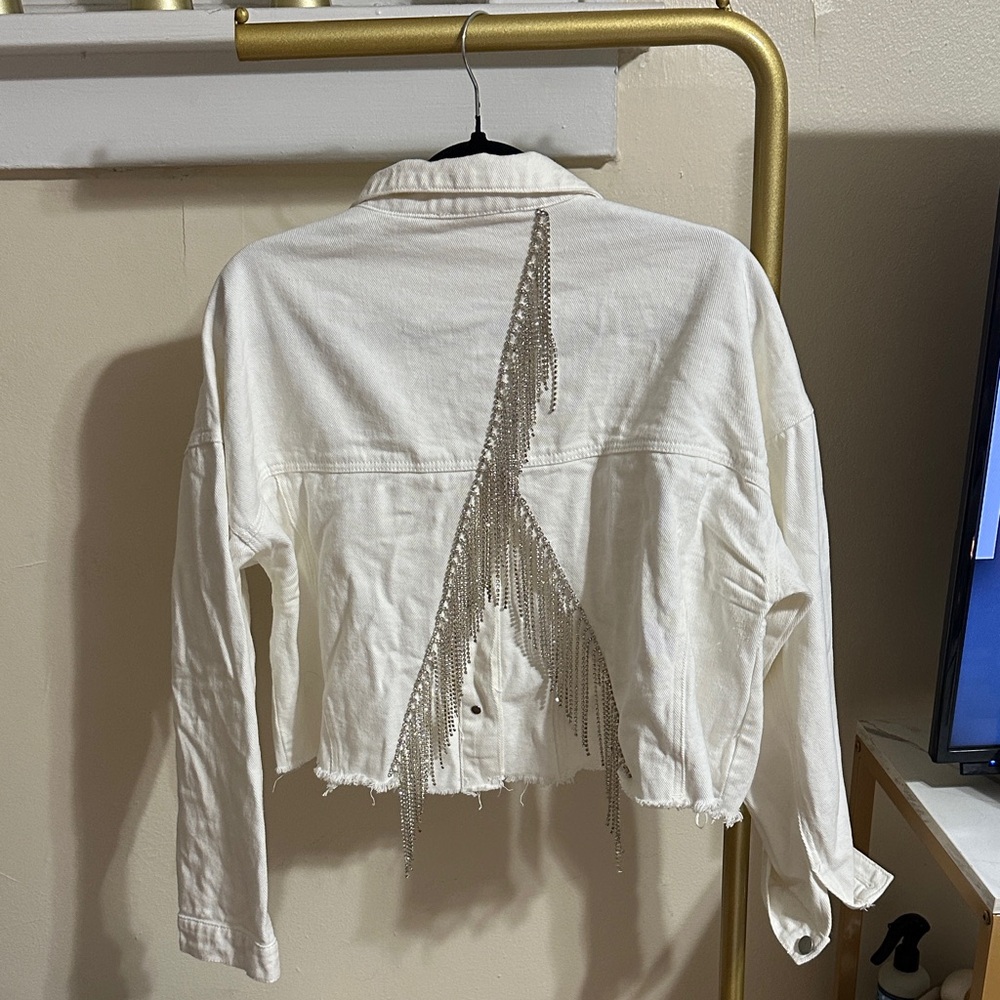 Savanna Jane White Jean Jacket with Silver Fringe